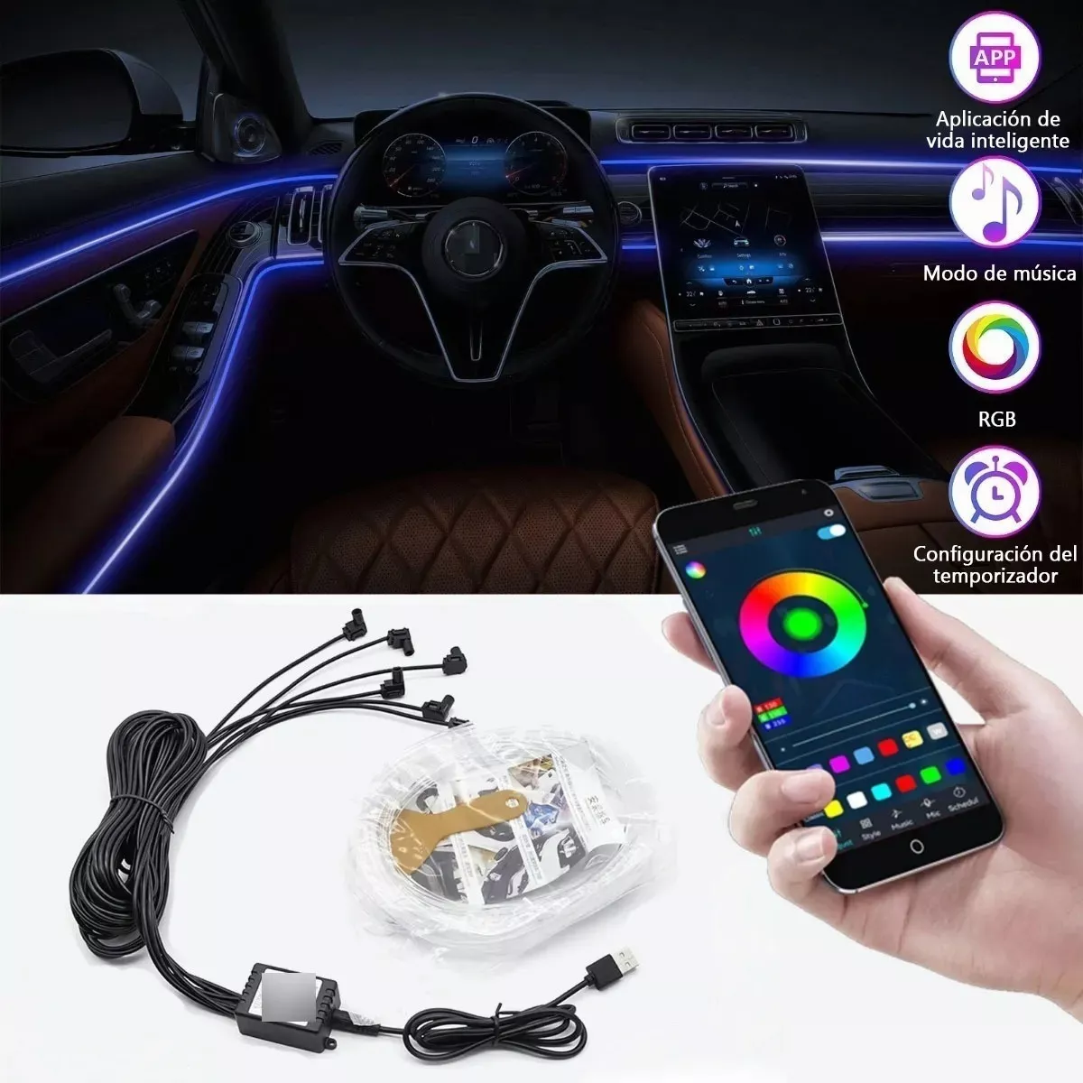 Pack 6 En 1 Tira De Luces Led Interior Luz Para Auto/rgb Neón