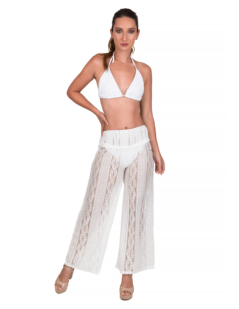 Salida de Playa Pantalón para Mujer, Cover Up Cubrir Bikini, Pantalón de Playa Pareo Largo de Encaje, Cómodo y Fresco