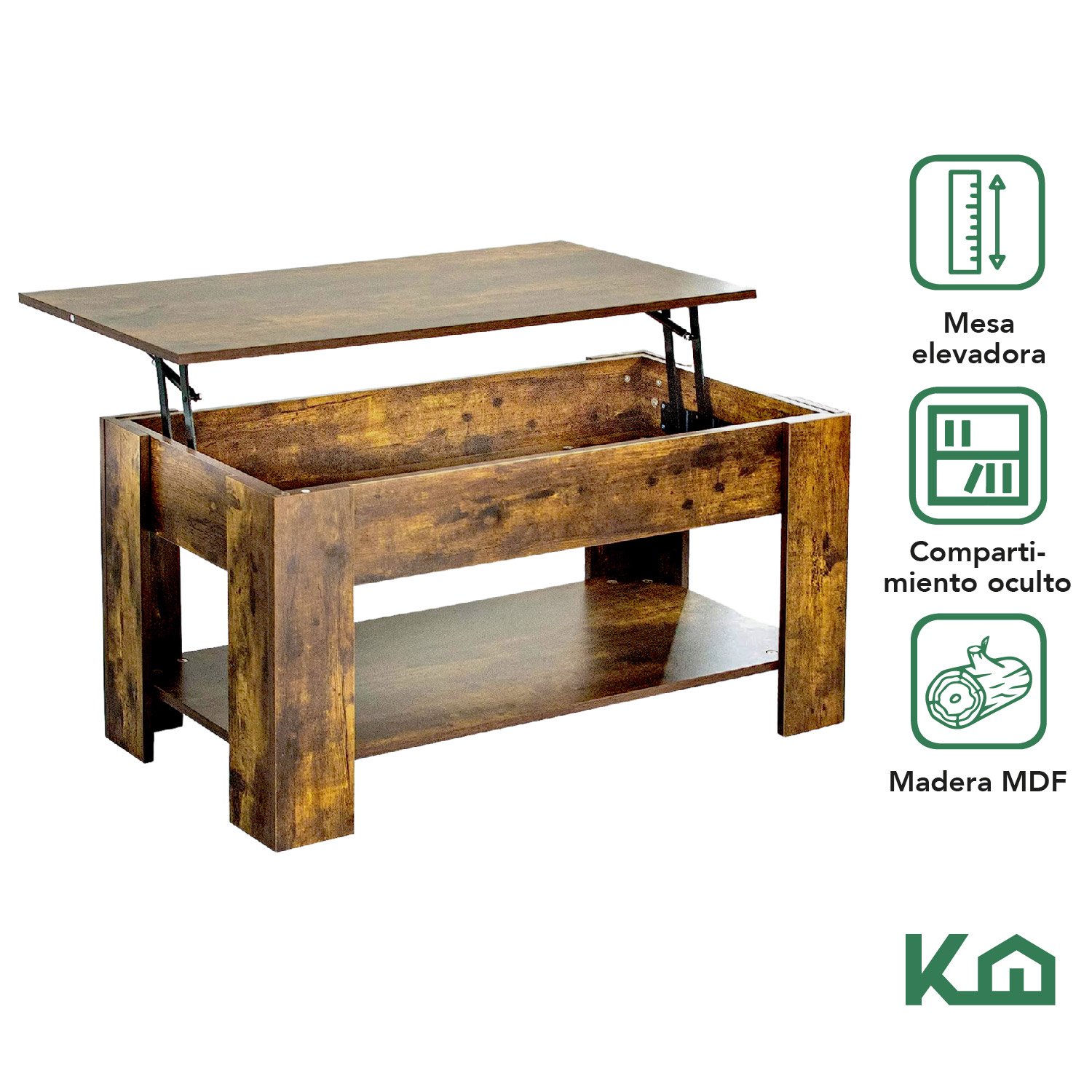 Mesa de Centro Elevable De Madera Con Compartimento Oculto Café