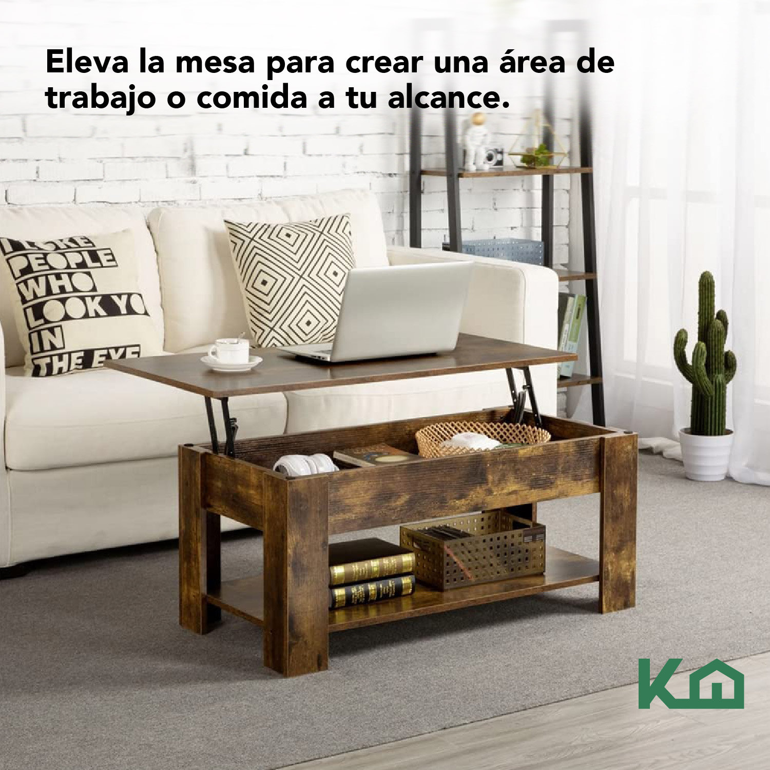 Mesa de Centro Elevable De Madera Con Compartimento Oculto Café
