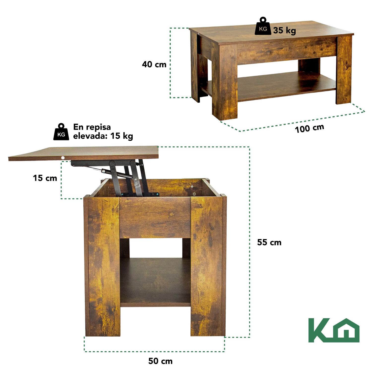 Mesa de Centro Elevable De Madera Con Compartimento Oculto Café