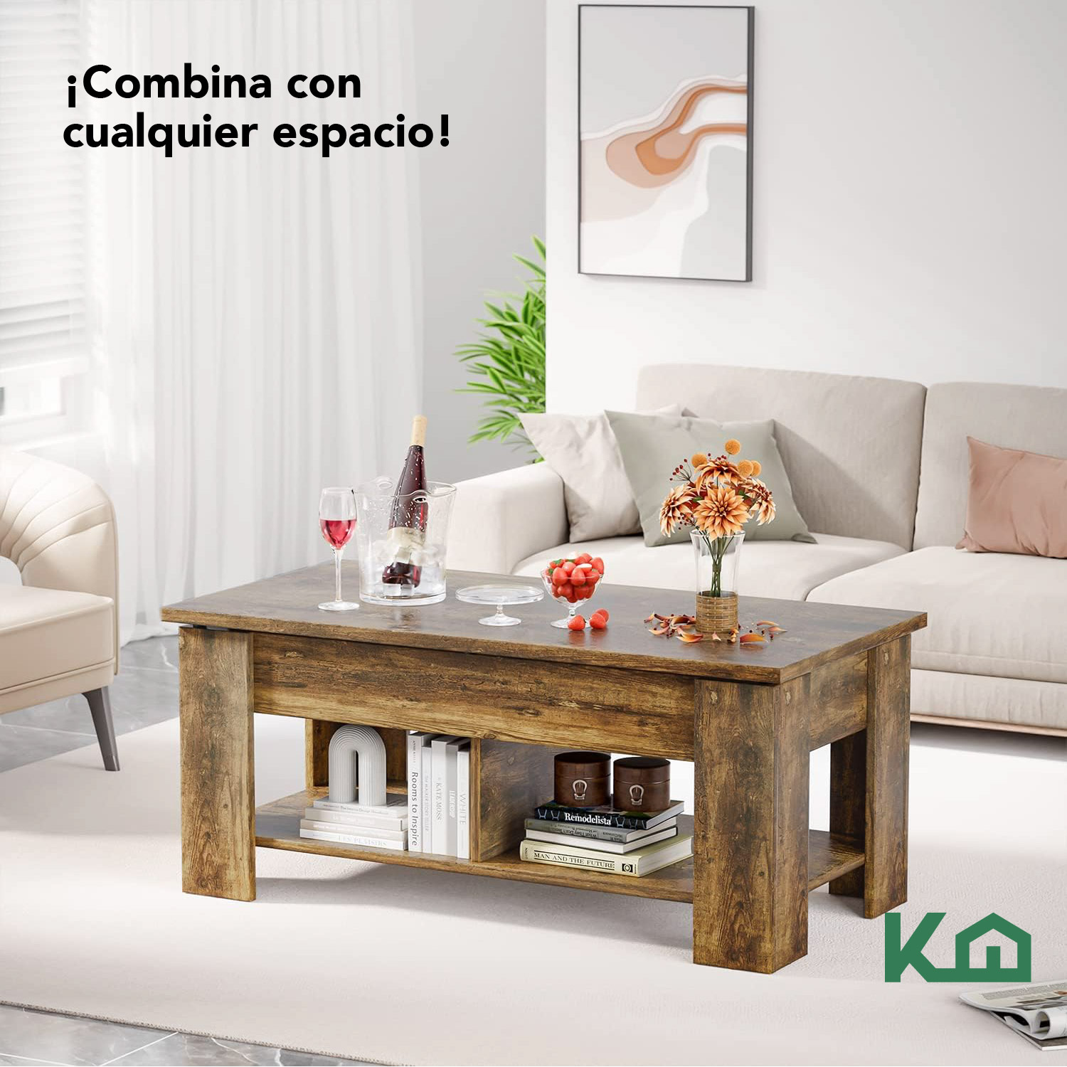 Mesa de Centro Elevable De Madera Con Compartimento Oculto Café
