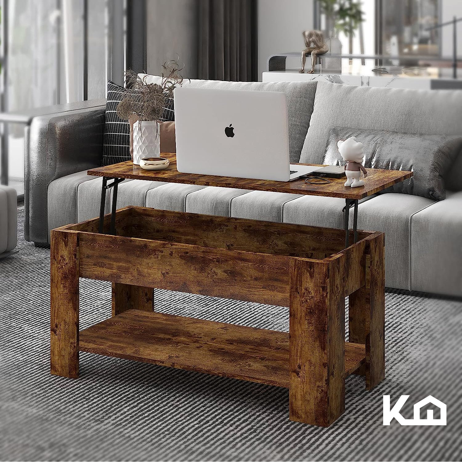 Mesa de Centro Elevable De Madera Con Compartimento Oculto Café