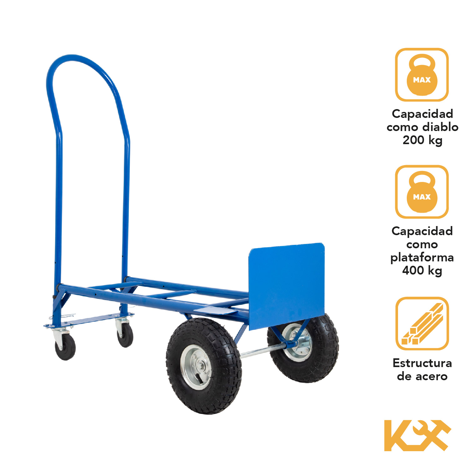 Diablito Carga Plataforma Rueda Neumatica 200/400 kg Acero 