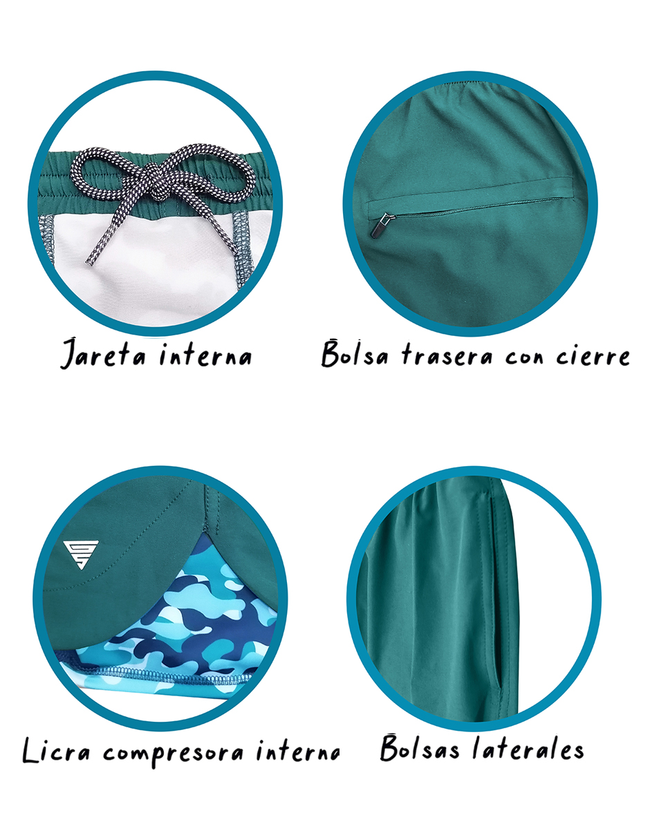 Traje de Baño Para Hombre y Adolescente para Nadar y Gym, Bañador Short Estampado Multideporte De Secado Rápido con Licra Interna De compresión, Modelo SEA CAMO