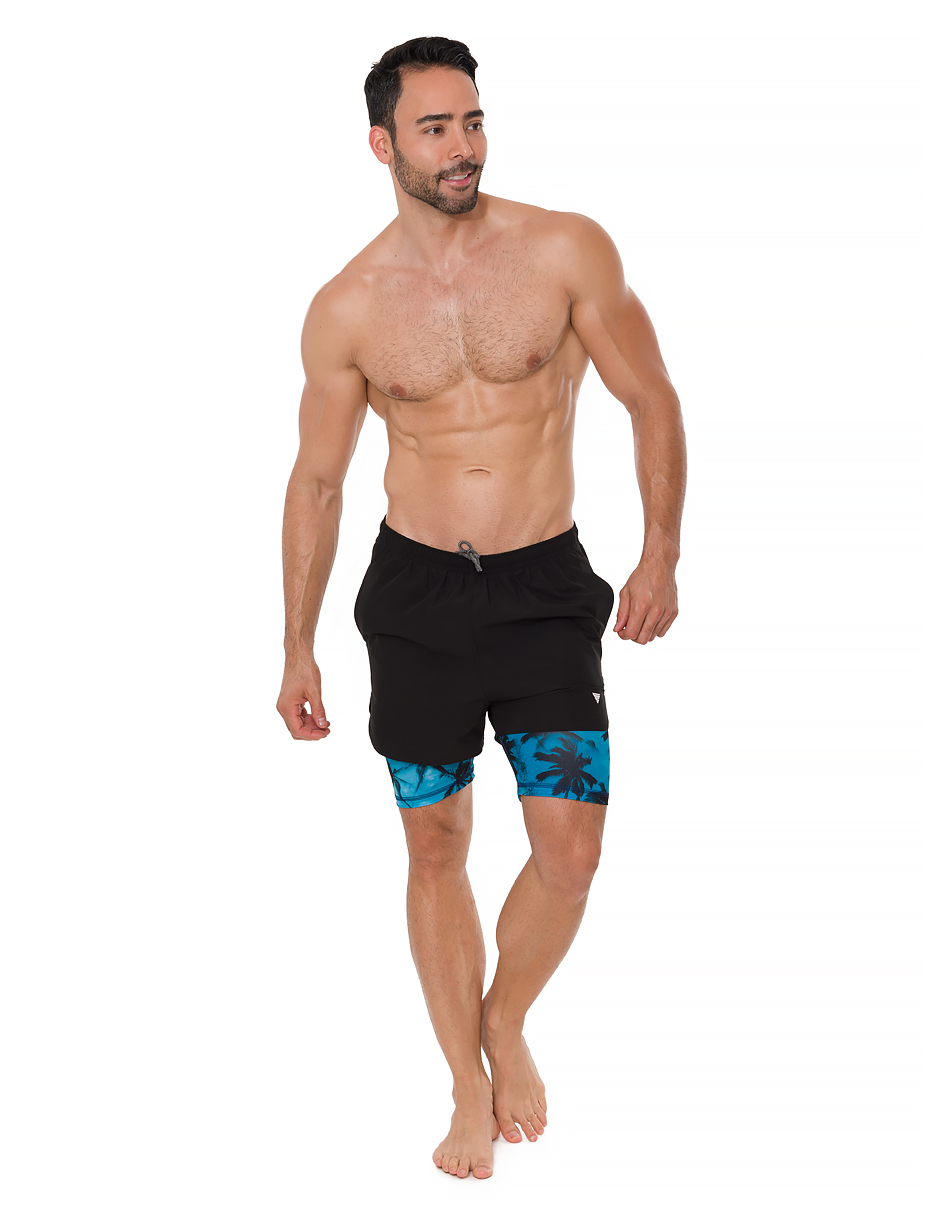 Traje de Baño Para Hombre y Adolescente para Nadar y Gym, Bañador Short Estampado Multideporte De Secado Rápido con Licra Interna De compresión, Modelo STORM PALM