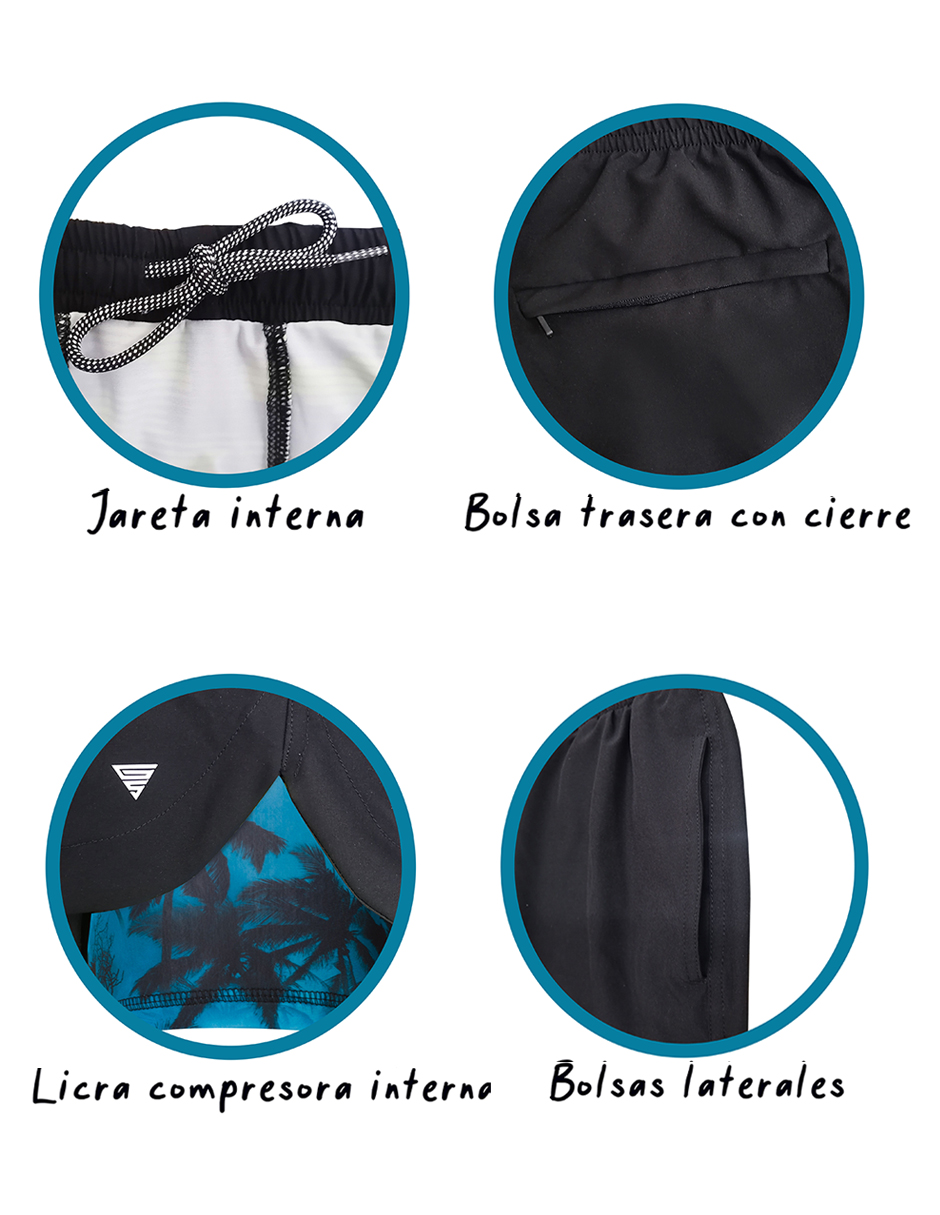 Traje de Baño Para Hombre y Adolescente para Nadar y Gym, Bañador Short Estampado Multideporte De Secado Rápido con Licra Interna De compresión, Modelo STORM PALM