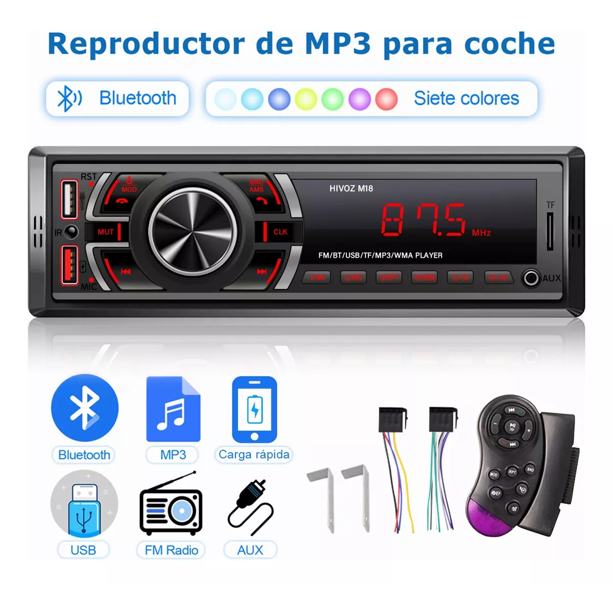 Auto Estereo Coche Reproductor Mp3 Radio Con Bt Aux Usb Sd Gris