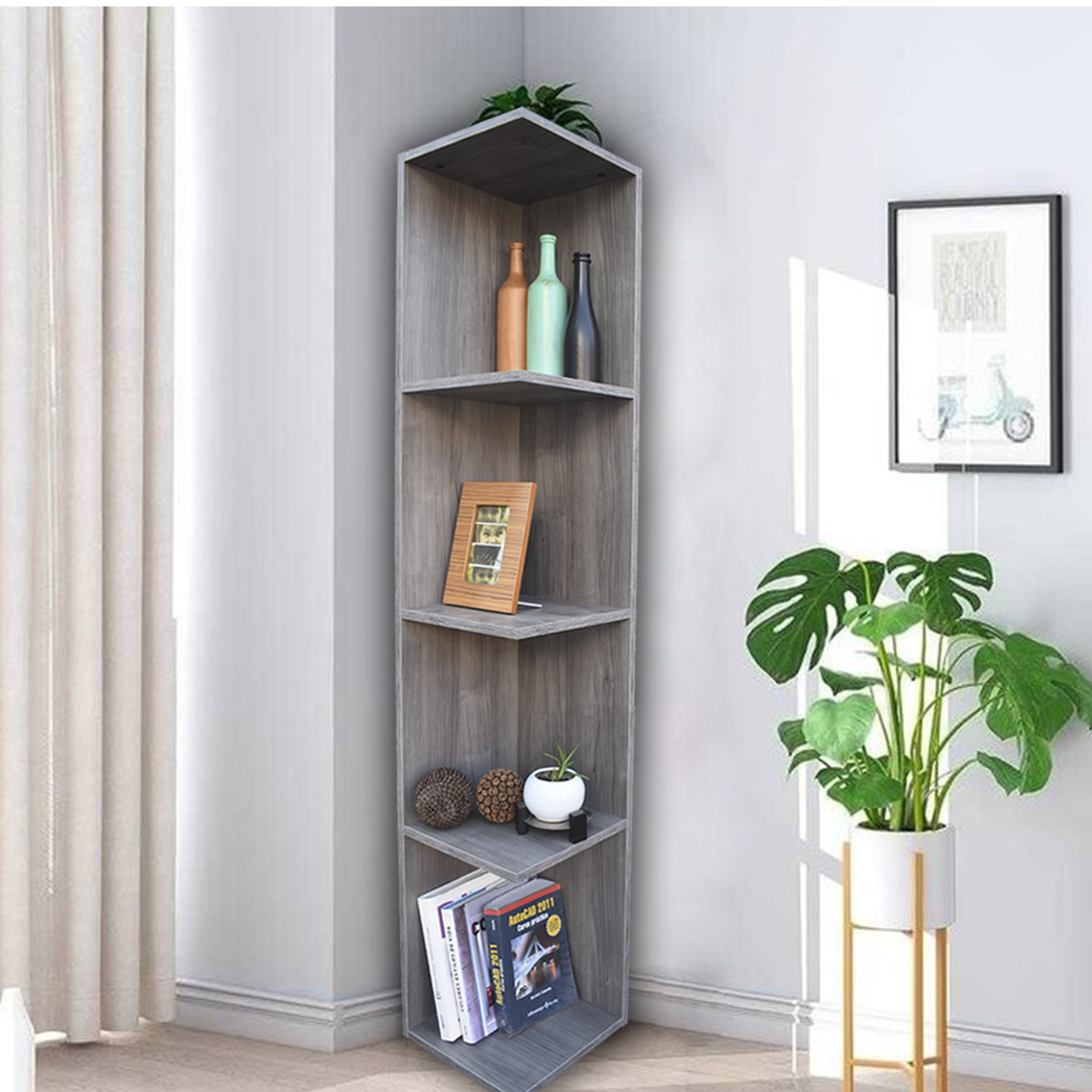 Mueble esquinero con Repisas Cuadradas Fabricado en Melamina Texturizada de Alta Resistencia, color Gris