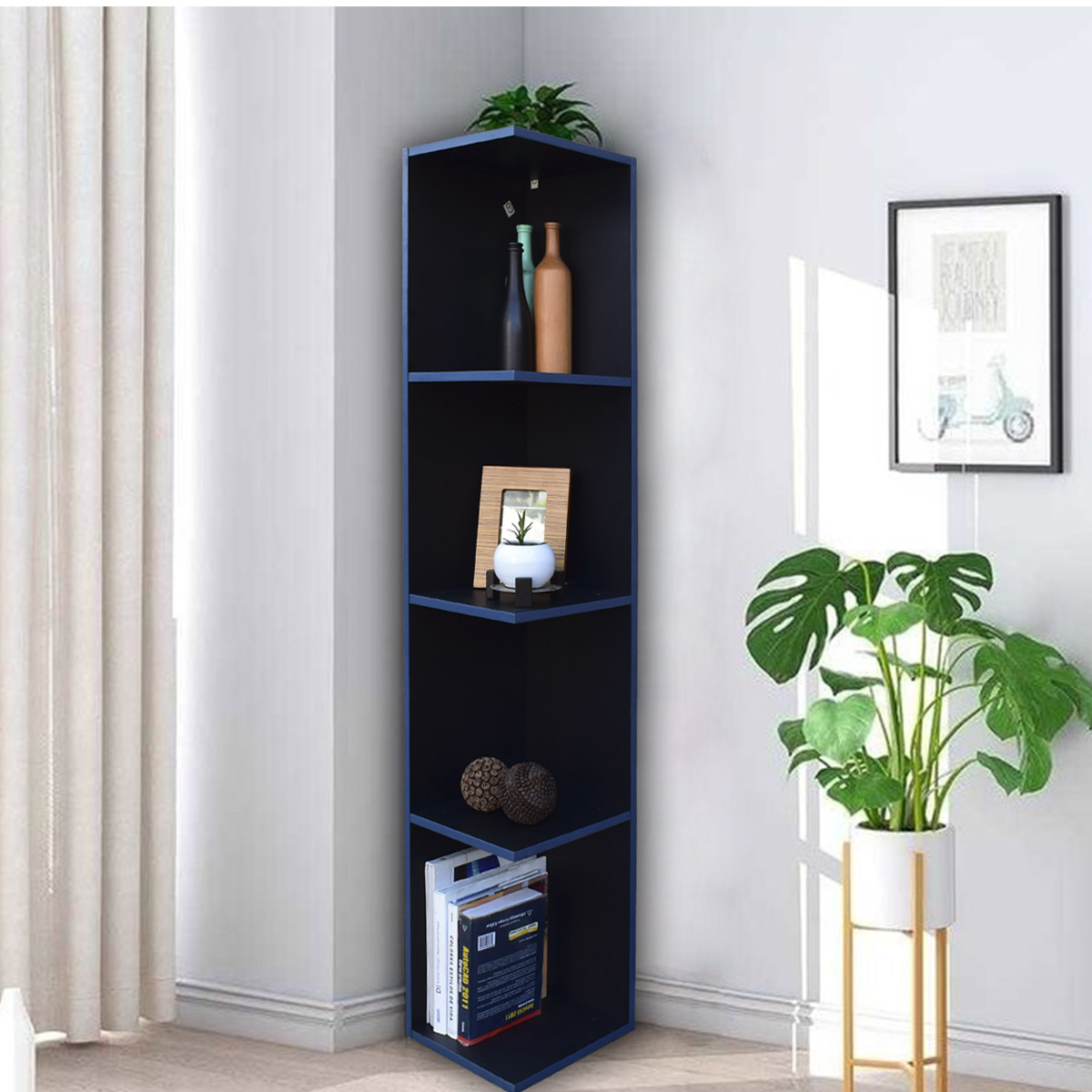 Mueble esquinero con Repisas Cuadradas Fabricado en Melamina Texturizada de Alta Resistencia, color Negro Azul