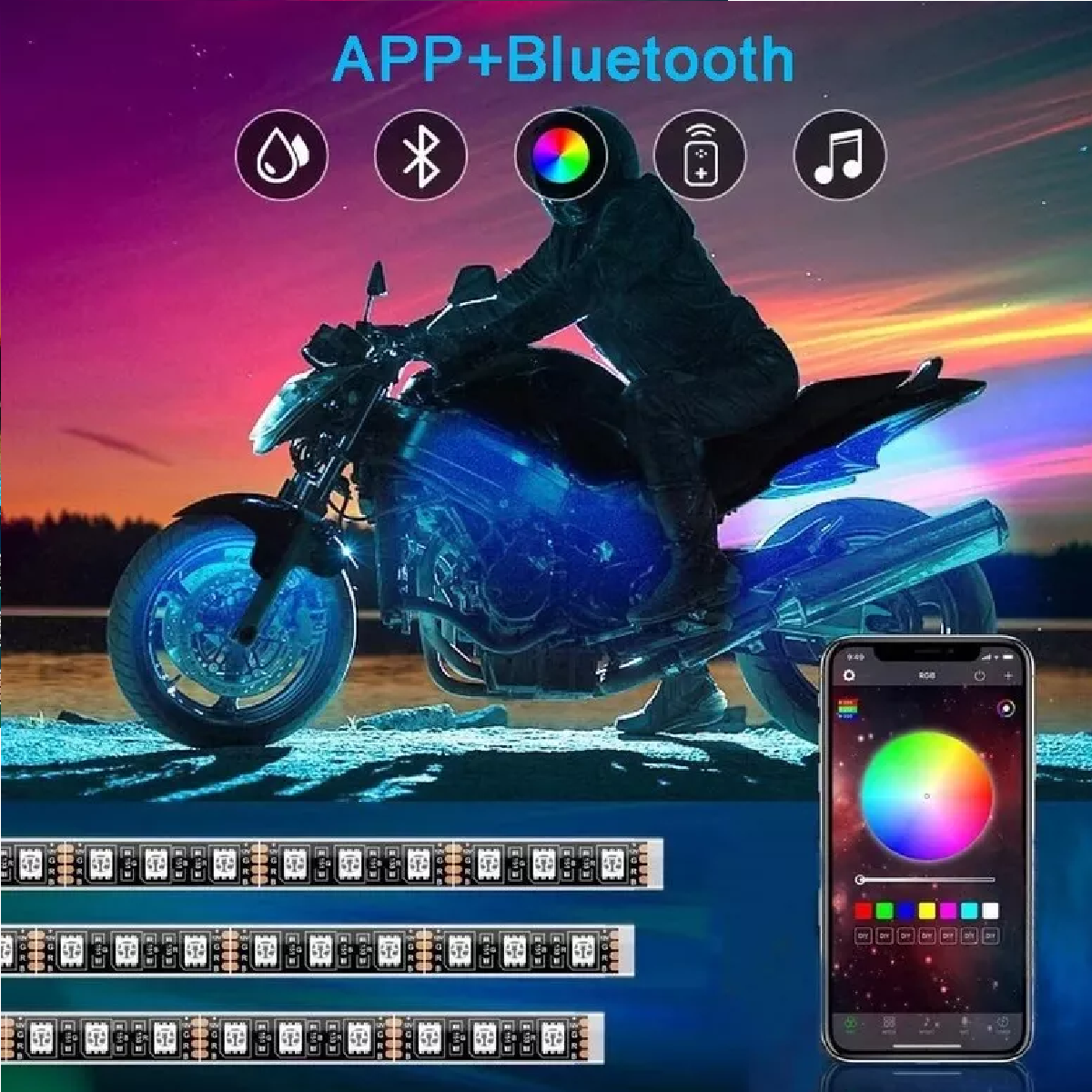 Juego De 12 Tiras Luces Rgb Led Para Motocicleta C/bluetooth