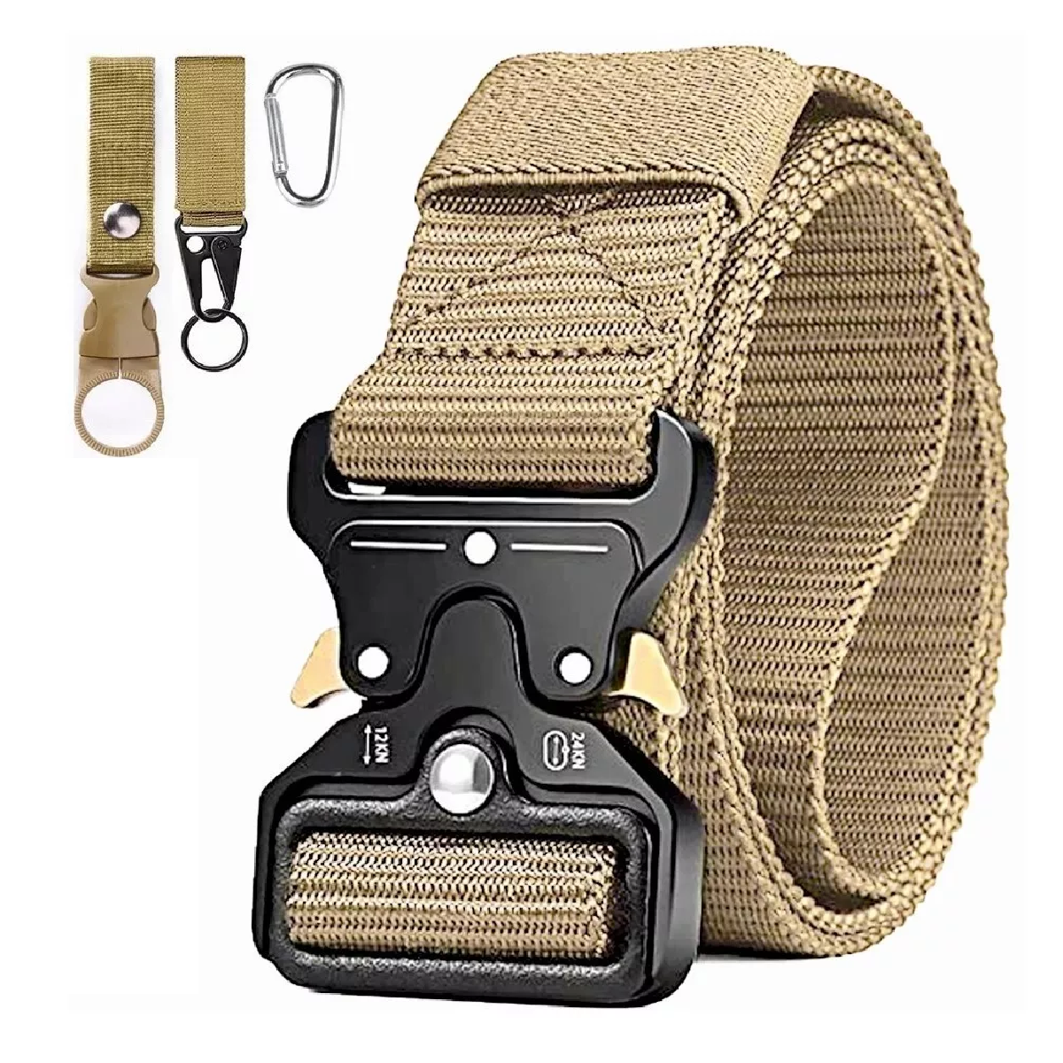 Cinturón Táctico De Nylon Ajustable Con 3pack Ganchos 125 Cm Caqui