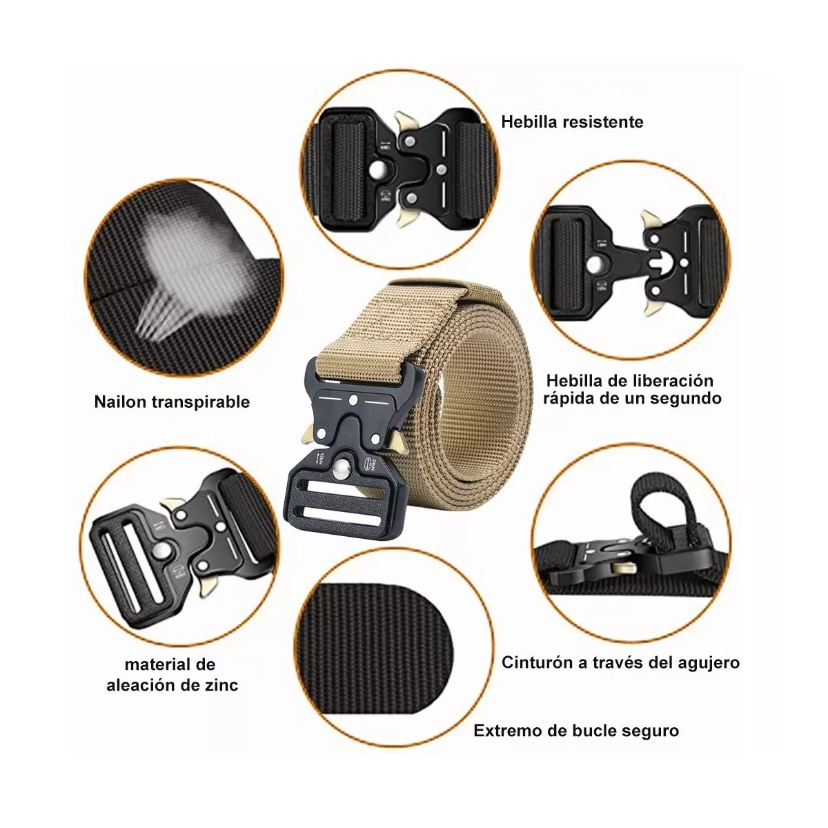 Cinturón Táctico De Nylon Ajustable Con 3pack Ganchos 125 Cm Caqui