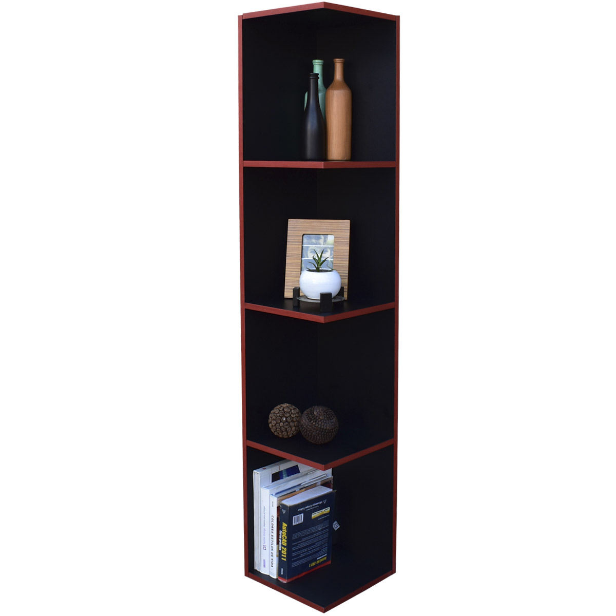 Mueble esquinero con Repisas Cuadradas Fabricado en Melamina Texturizada de Alta Resistencia, color Negro Rojo