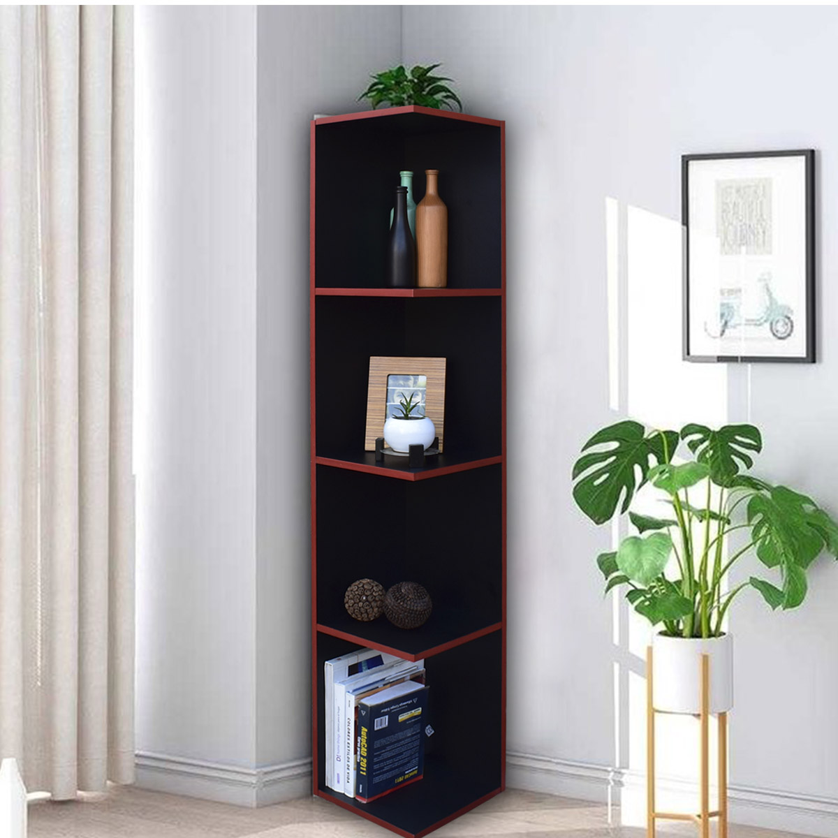 Mueble esquinero con Repisas Cuadradas Fabricado en Melamina Texturizada de Alta Resistencia, color Negro Rojo