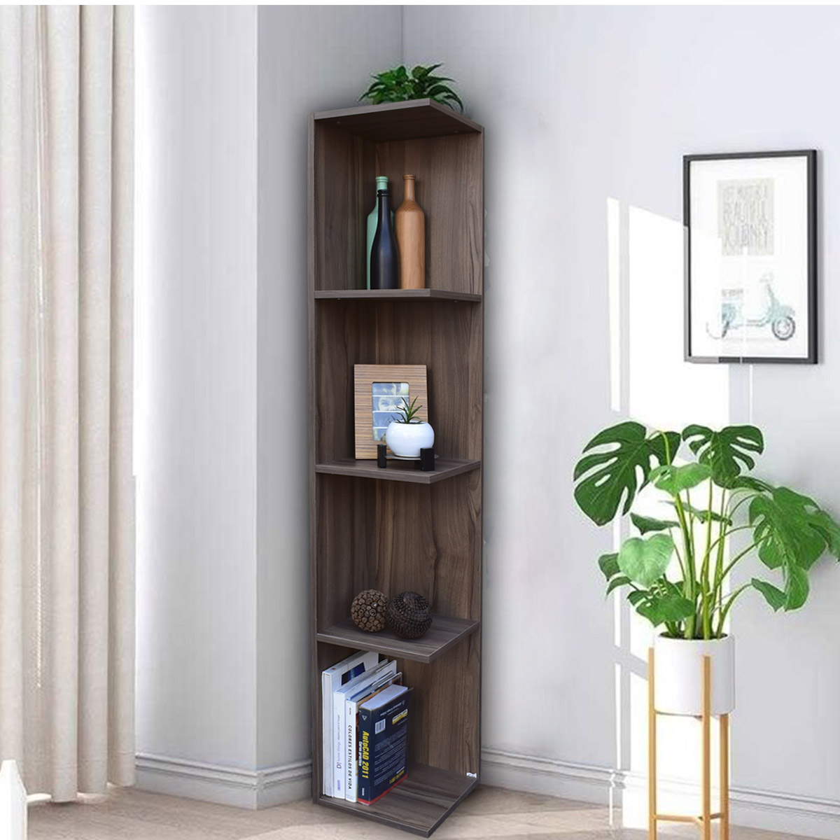 Mueble esquinero con Repisas Cuadradas Fabricado en Melamina Texturizada de Alta Resistencia, color Parota