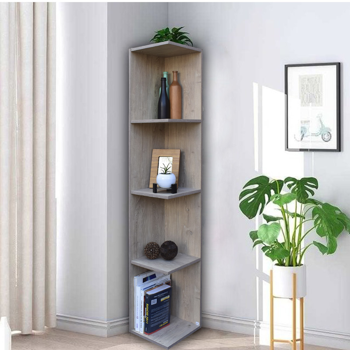 Mueble esquinero con Repisas Cuadradas Fabricado en Melamina Texturizada de Alta Resistencia, color Roble