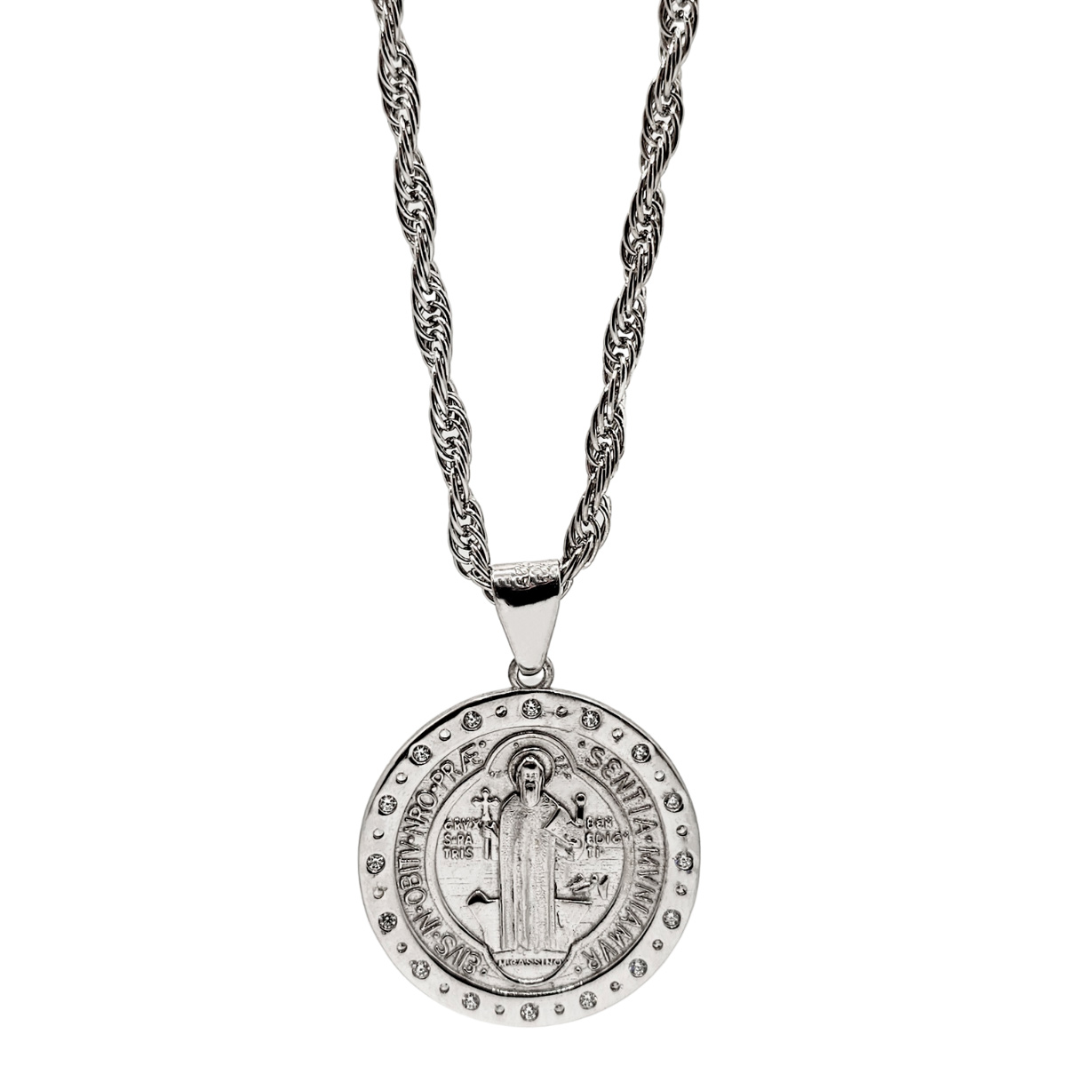 Medalla san benito plata .925 con cadena torzal y baño de rodio blanco