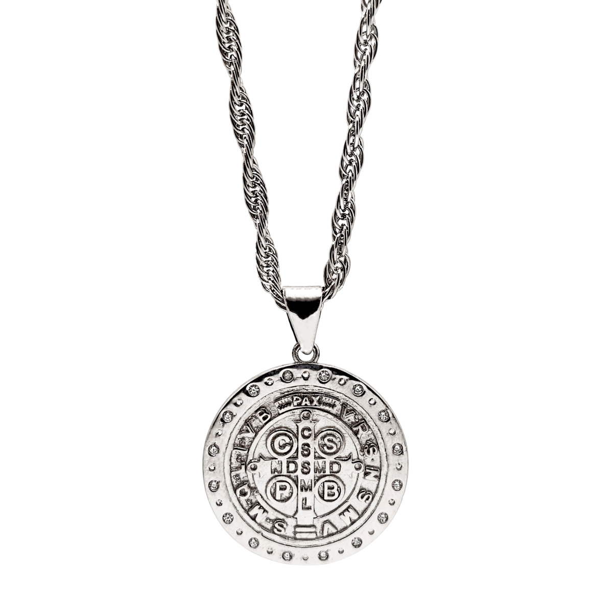 Medalla san benito plata .925 con cadena torzal y baño de rodio blanco