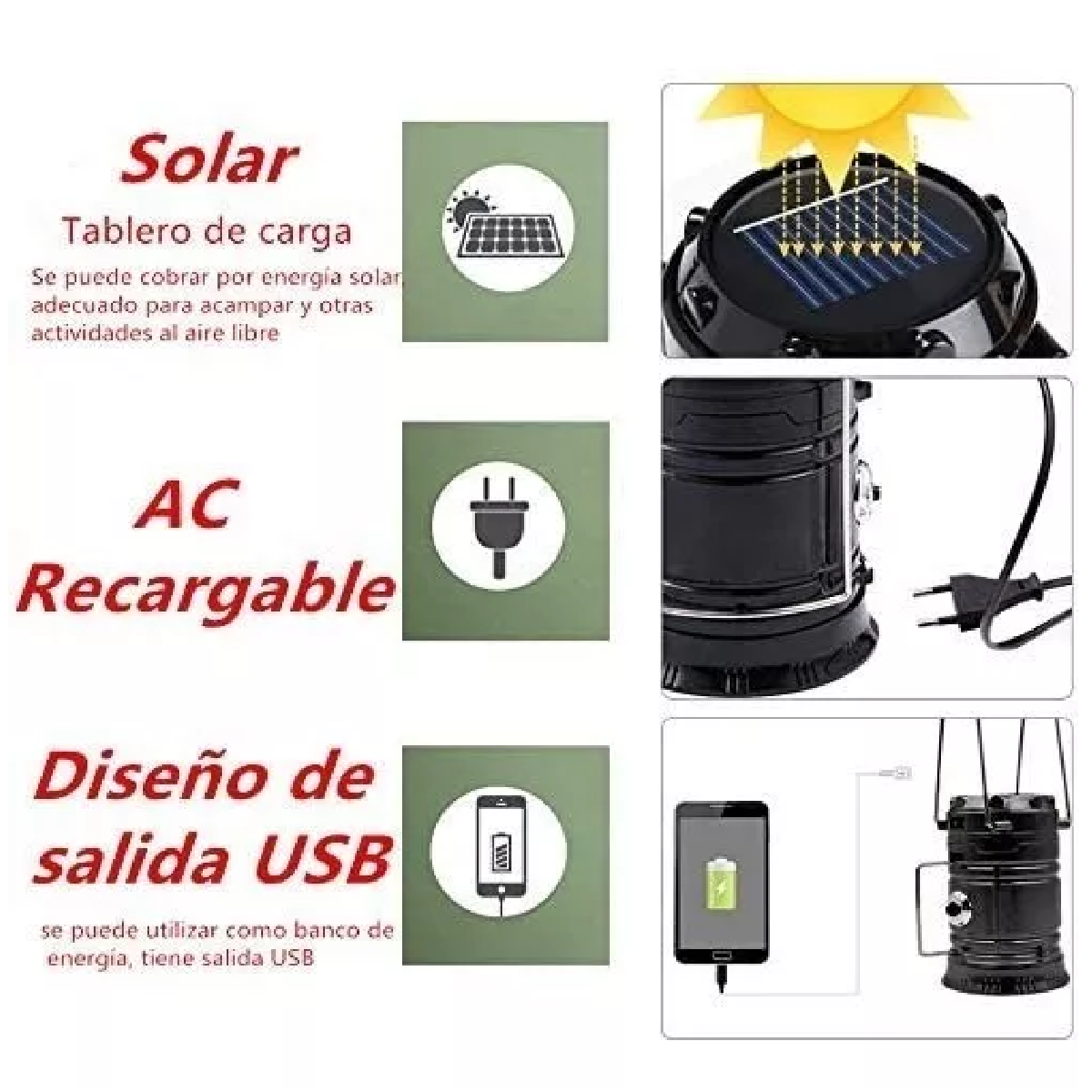 Lampara Solar Para Campismo Recargable Usb Negro