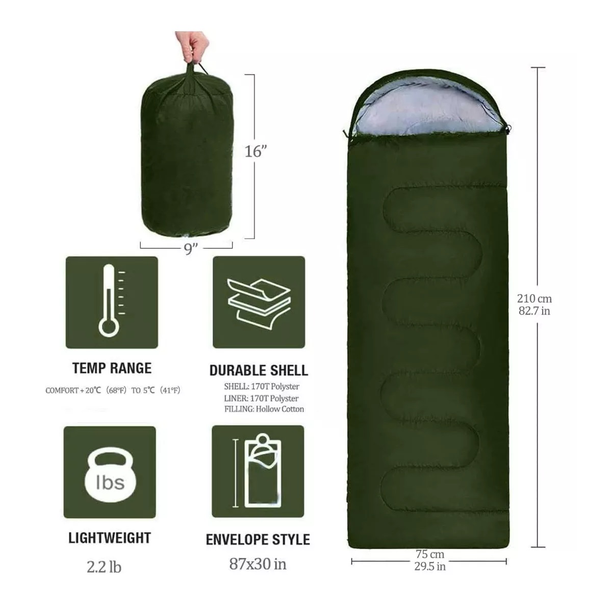 Saco De Dormir Para Acampar Al Aire Libre 1 Kg Verde Militar