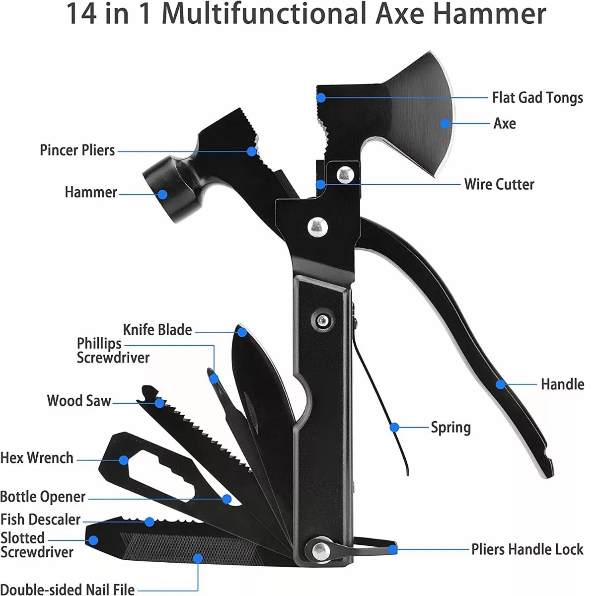 Multiherramienta Portatil Martillo Y Hacha 14 En 1 Con Funda Negro
