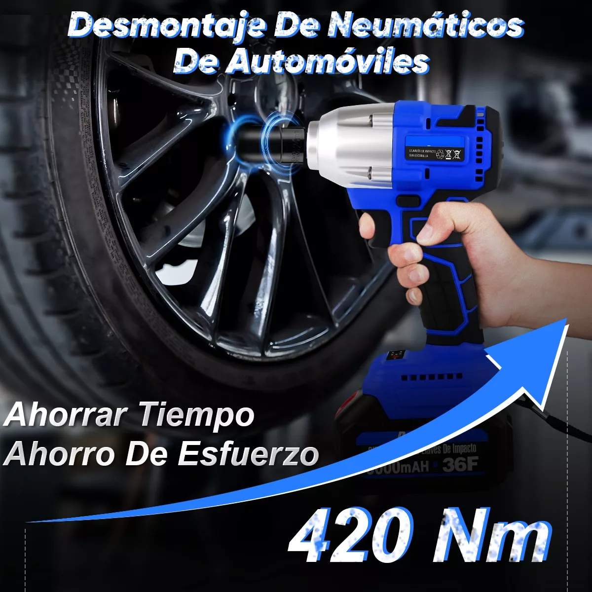  Llave de impacto de 420 Nm inalámbrica 1/2, 2 baterías de 6.0  Ah, llave eléctrica, eje cuadrado, 0-3200 rpm, juego de llaves inalámbricas  de velocidad variable, juego de llaves de 14