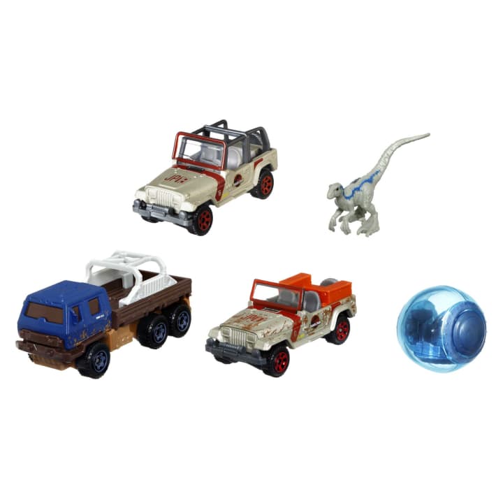 Matchbox Jurassic World Paquete de 4 vehículos y 1 Mini Dinosaurio