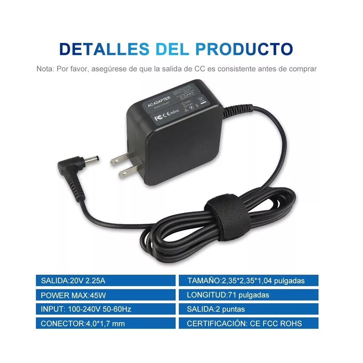 Cargador Adecuado Para Lenovo Laptop Ideapad 20v/2.25a 45w