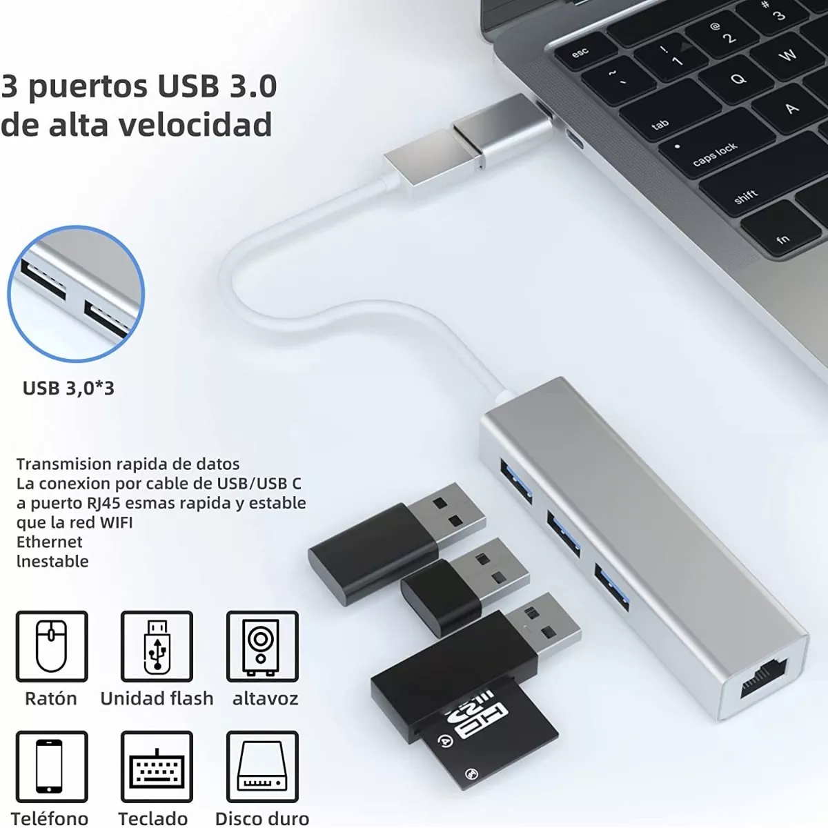 Adaptador Hub Ethernet Rj45 Red Lan Gigabit Usb C 3 Usb3.0