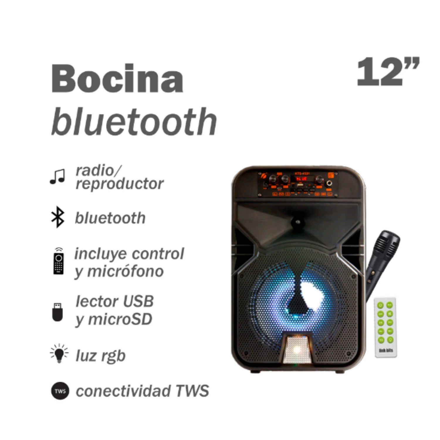 Bocina bluetooth para karaoke, subwoofer portátil con luz Led RGB, 12 pulgadas