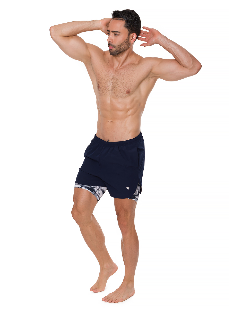 Traje de Baño Para Hombre y Adolescente para Nadar y Gym, Bañador Short Estampado Multideporte De Secado Rápido con Licra Interna De compresión, Modelo NAVY CAMO