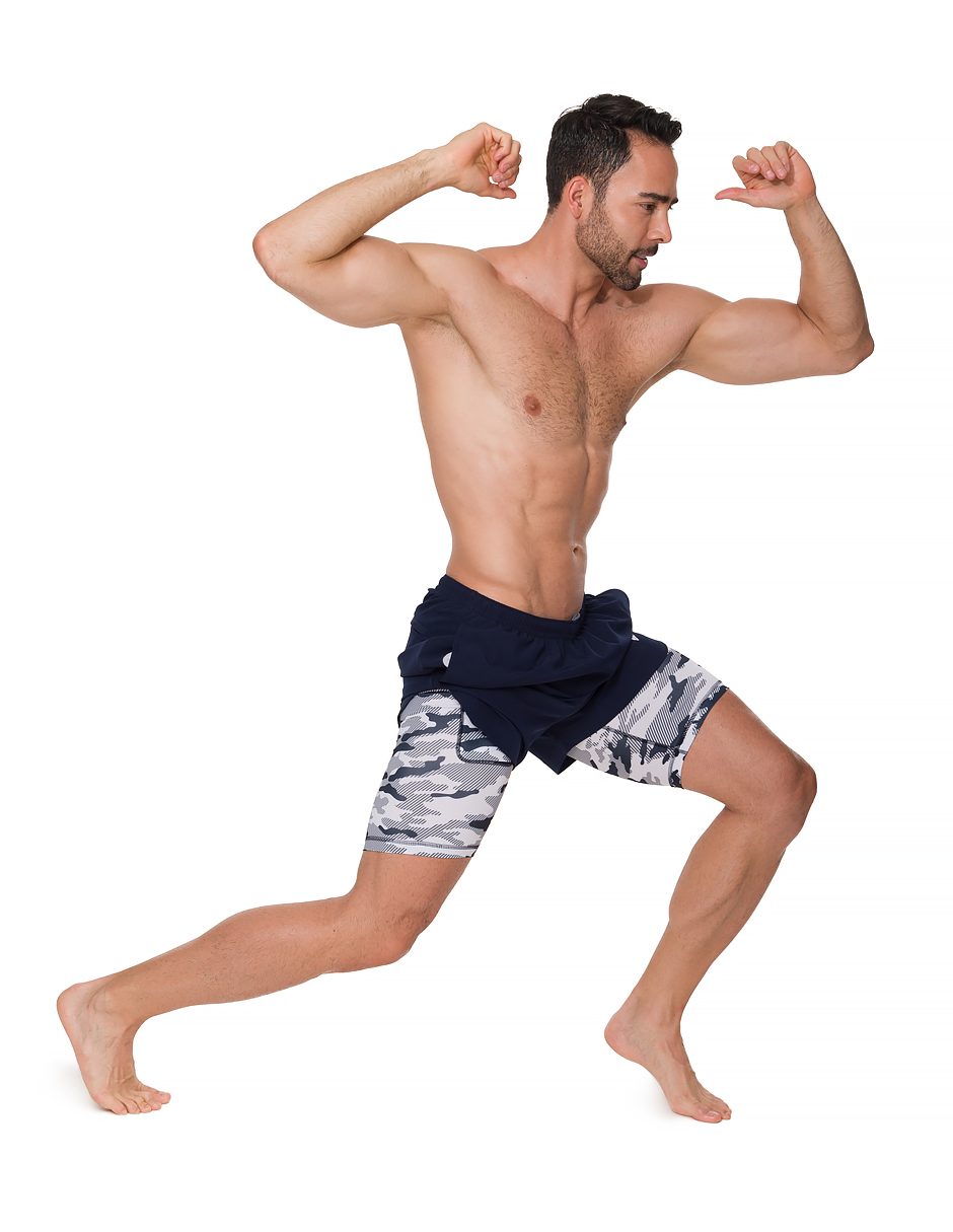 Traje de Baño Para Hombre y Adolescente para Nadar y Gym, Bañador Short Estampado Multideporte De Secado Rápido con Licra Interna De compresión, Modelo NAVY CAMO