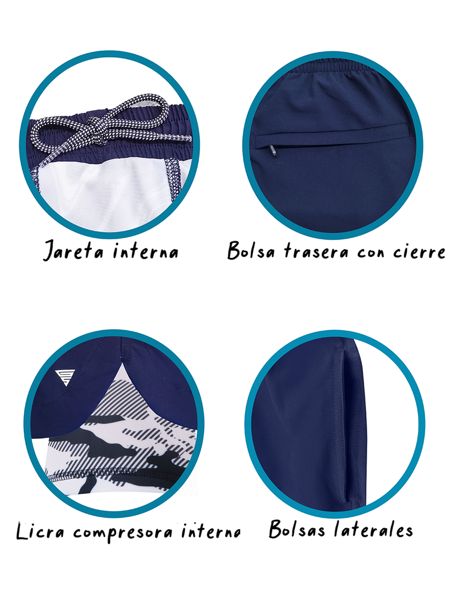 Traje de Baño Para Hombre y Adolescente para Nadar y Gym, Bañador Short Estampado Multideporte De Secado Rápido con Licra Interna De compresión, Modelo NAVY CAMO