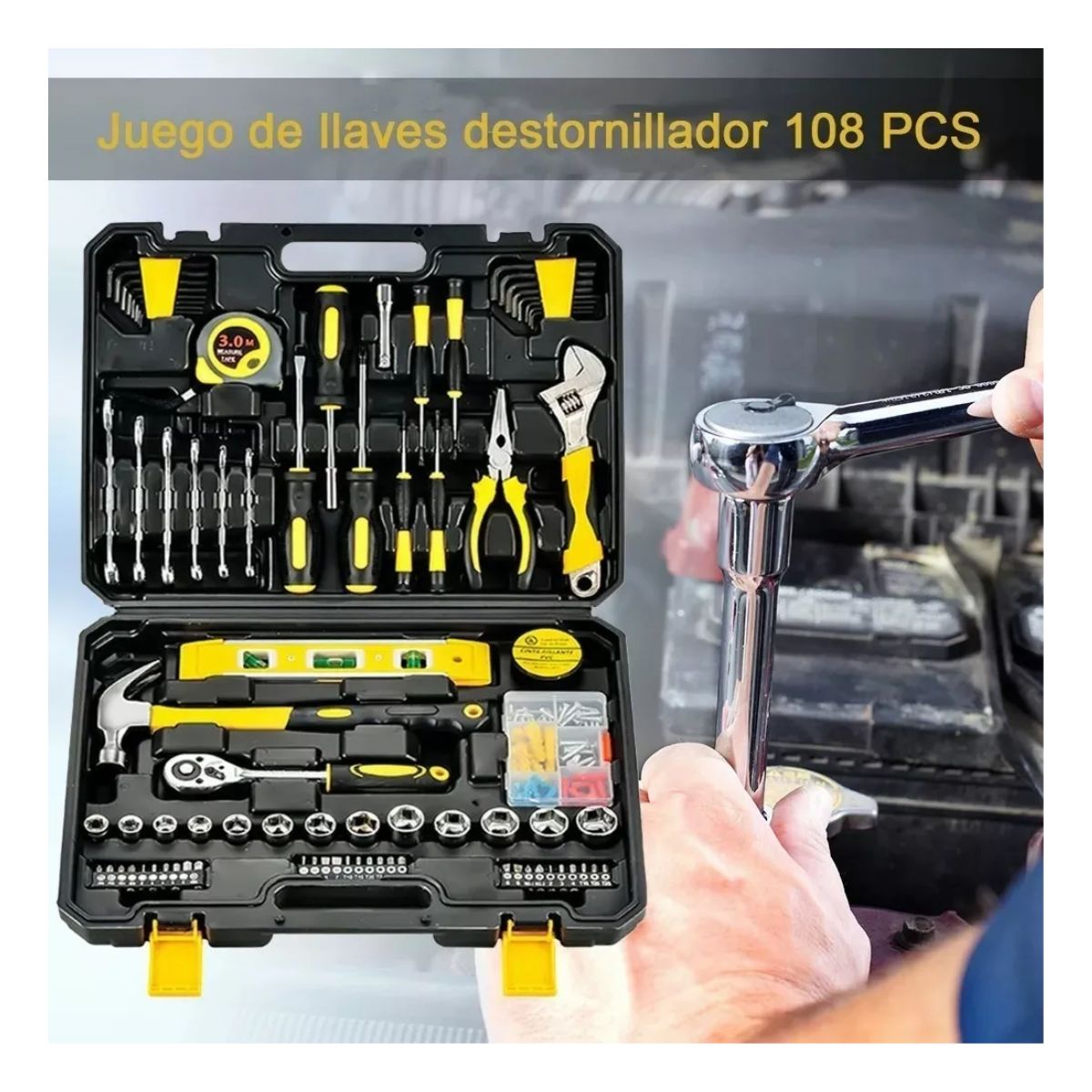 108pcs Juego De Herramientas Mecánicas Domésticas Reparación Gris Amarillo