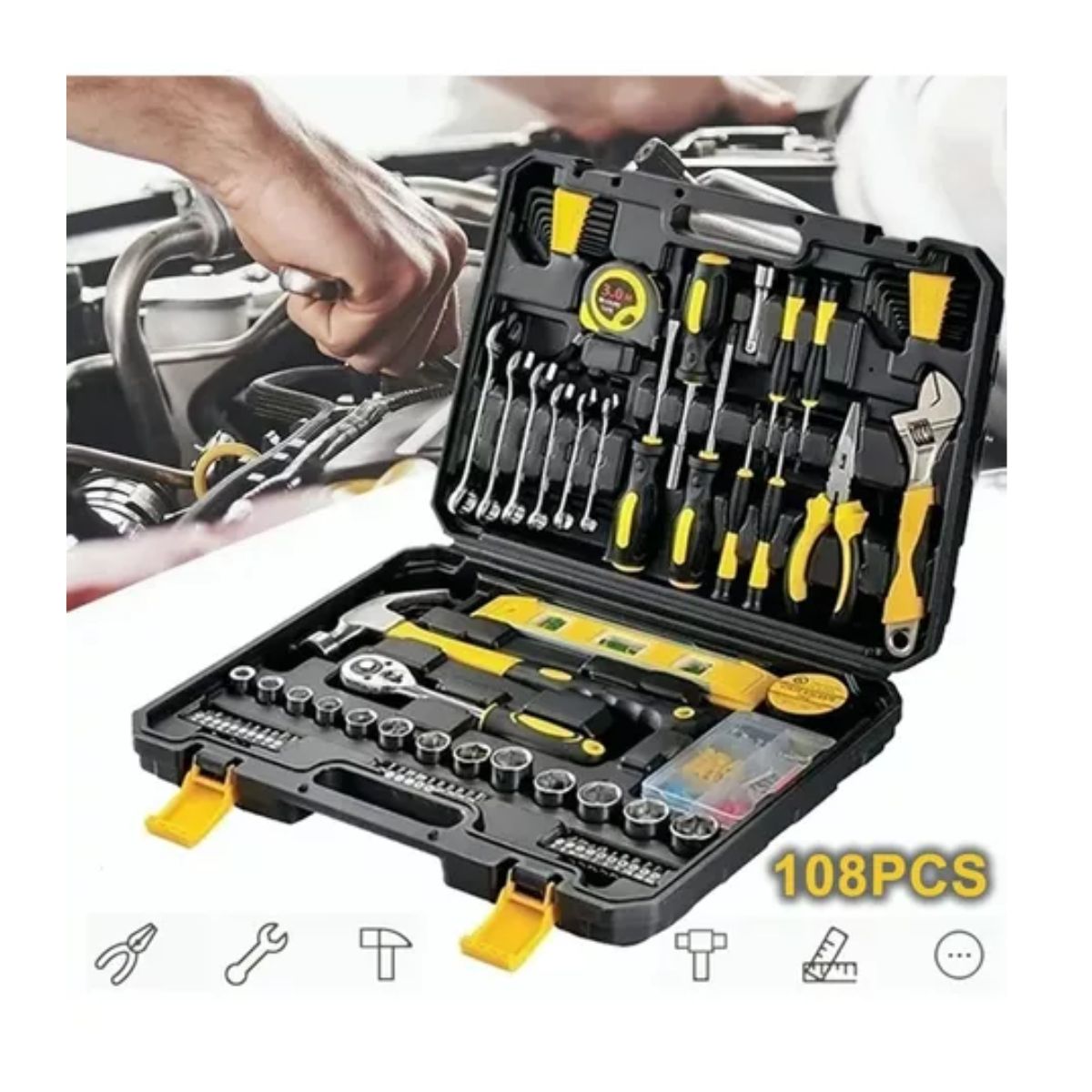 108pcs Juego De Herramientas Mecánicas Domésticas Reparación Gris Amarillo