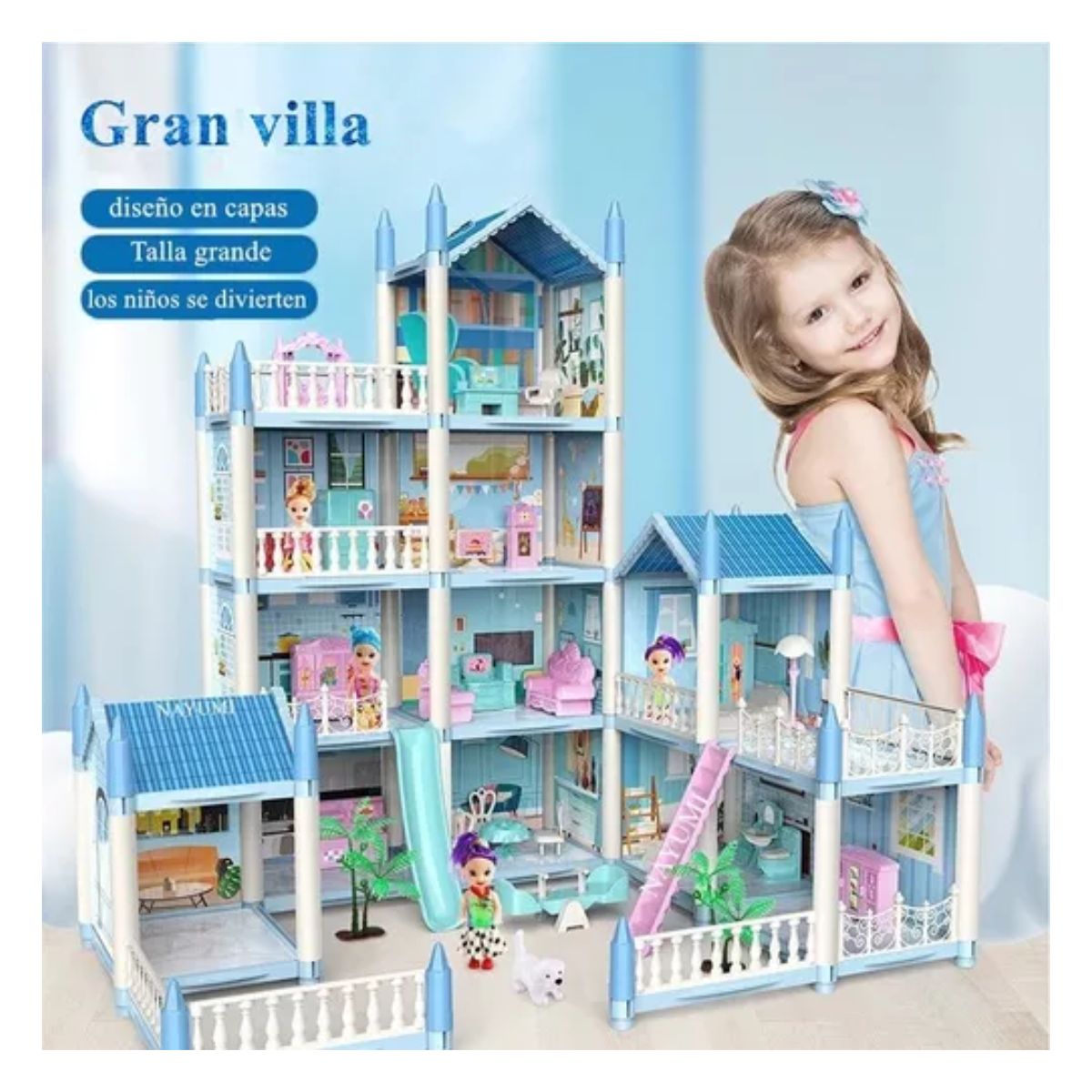 Casita Casa De Muñecas Con Muebles Castillo De Princesa Azul