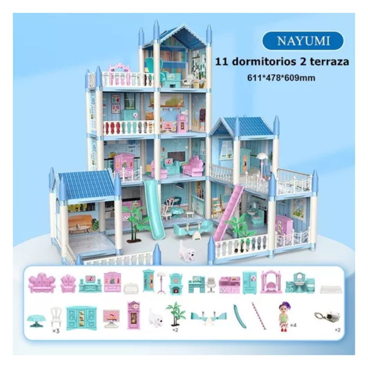 Casita Casa De Muñecas Con Muebles Castillo De Princesa Azul