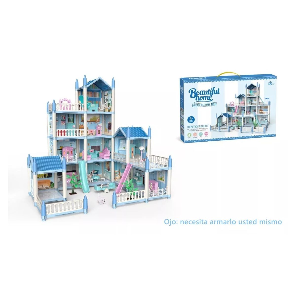 Casita Casa De Muñecas Con Muebles Castillo De Princesa Azul