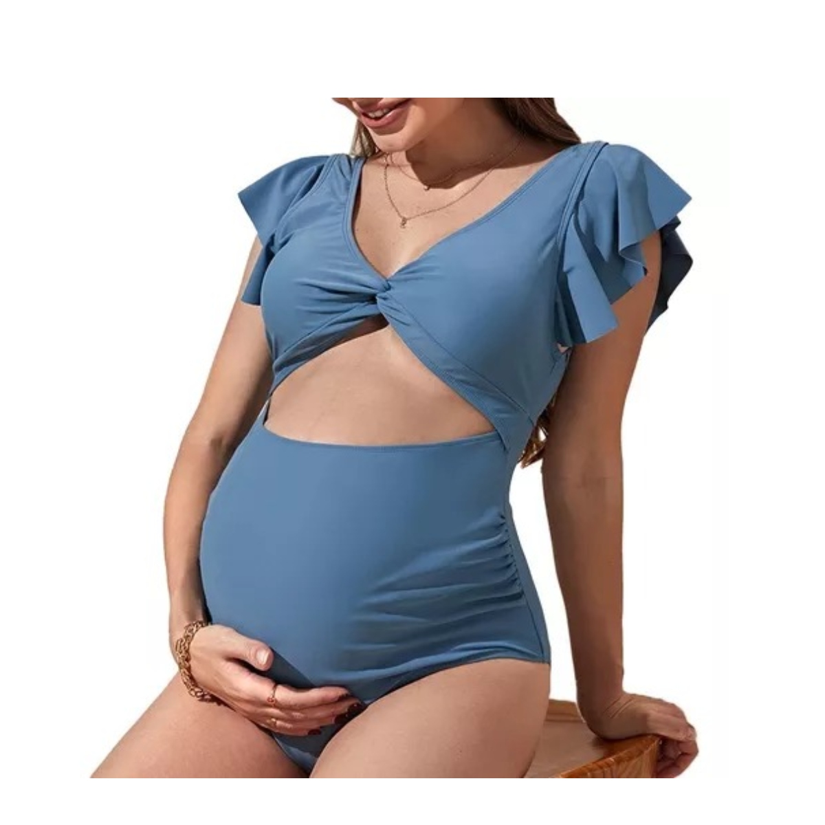 Traje De Baño Completo Con Mangas Cortas Maternidad Azul