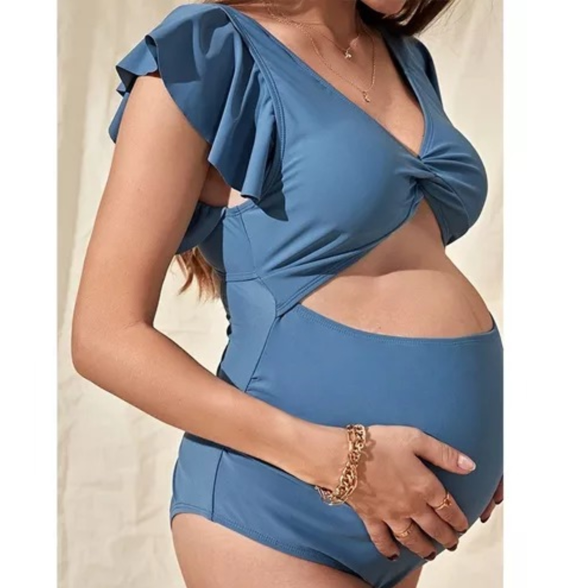 Traje De Baño Completo Con Mangas Cortas Maternidad Azul