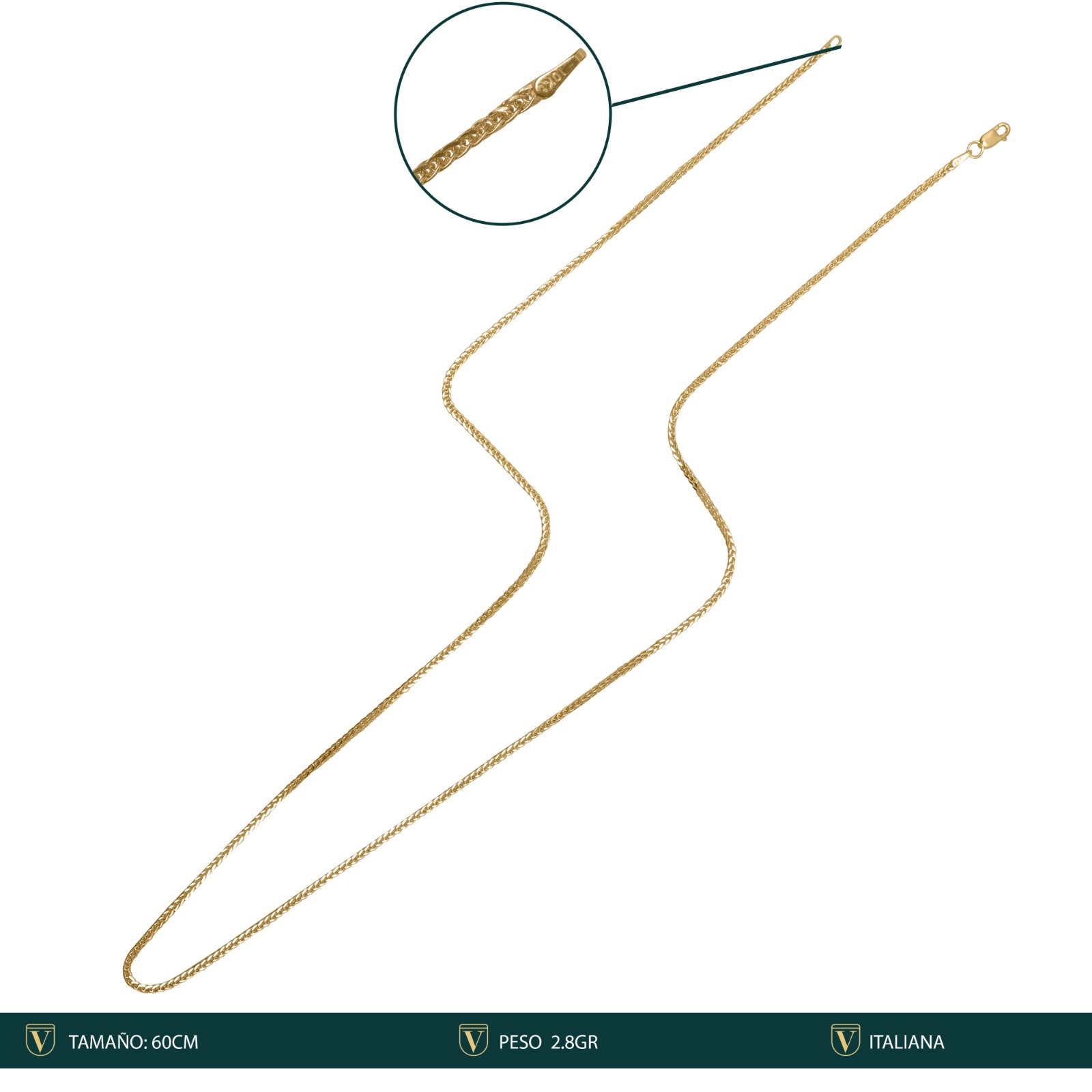 Cadena Espiga Italiana Oro 10k Kilates 60cm - 2mm + Estuche