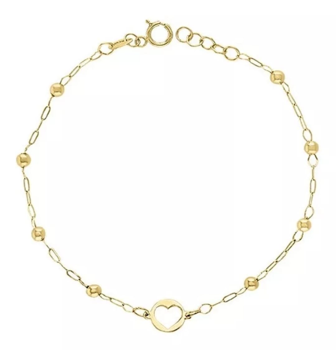 Pulsera Mini Corazón Bolitas 18 Cm En Oro De 10 K + Obsequio
