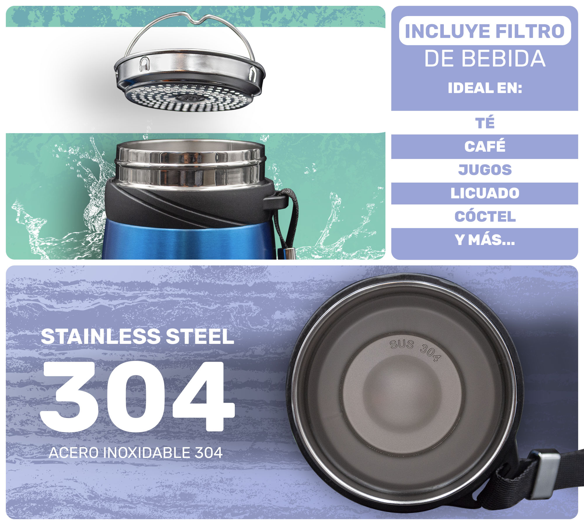 Termo de Acero Inoxidable 900 ml Botella Termica para Agua o Cafe con Aislamiento de Doble Pared y Tapa Hermetica Antiderrame (AZUL)