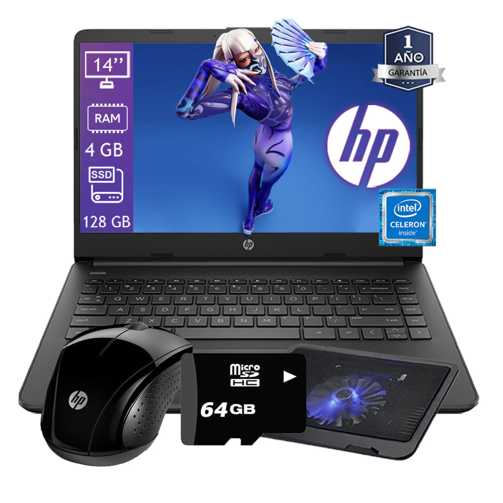 Laptop Hp 14 Dq0526la Intel Celeron Ram 4gb Ssd 128gb Windows 11 Incluye Mouse Hp Negro Base 9792