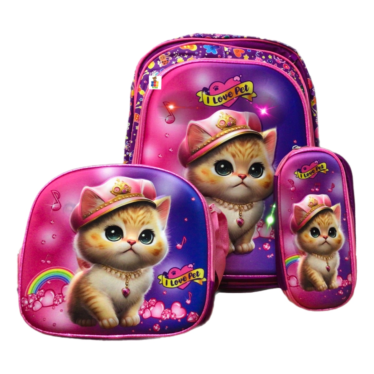 Mochila Escolar Gatito Diseño 3d Con Luces Infantil 3en1