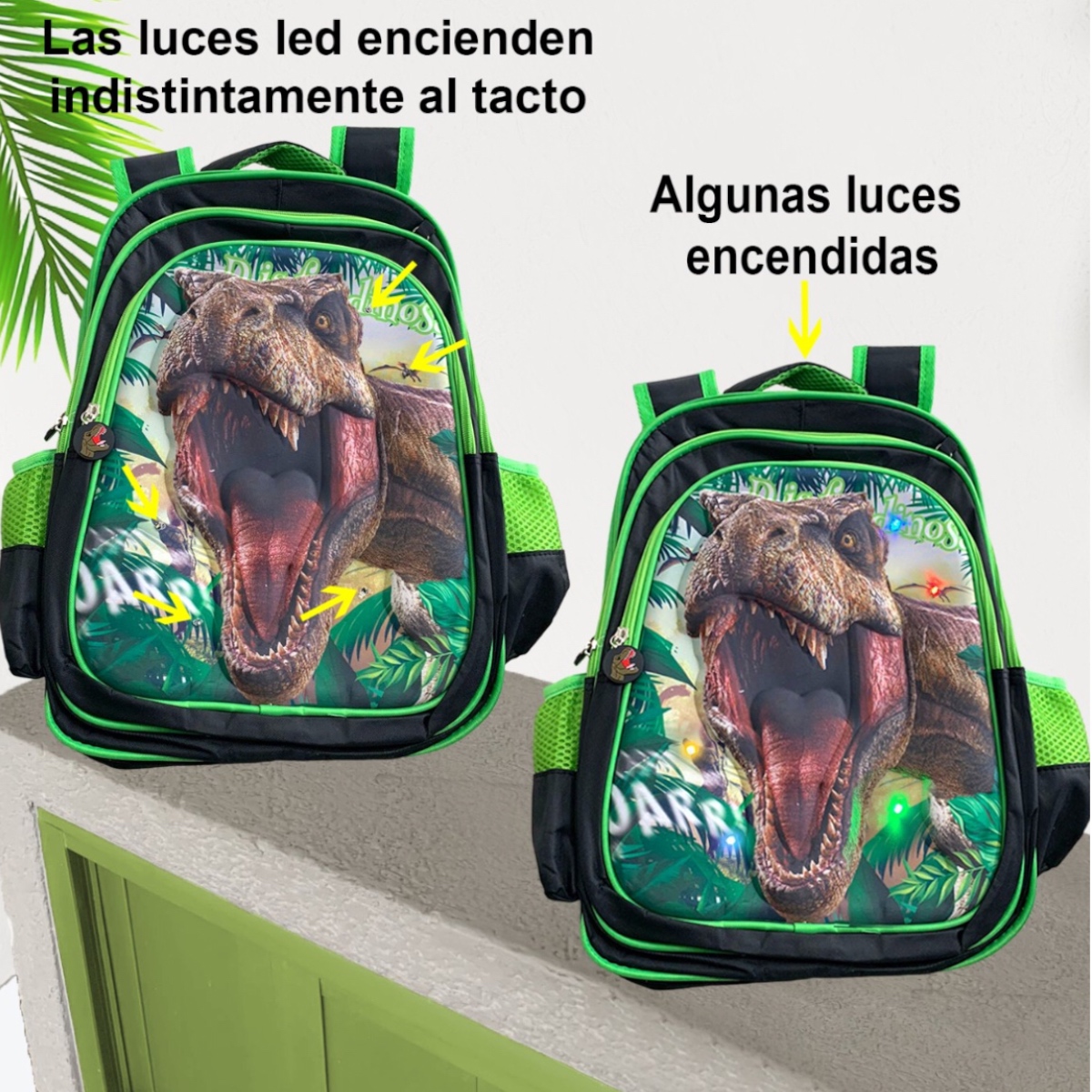 Mochila Escolar Dinosaurio Diseño 3d Con Luces Infantil 3en1