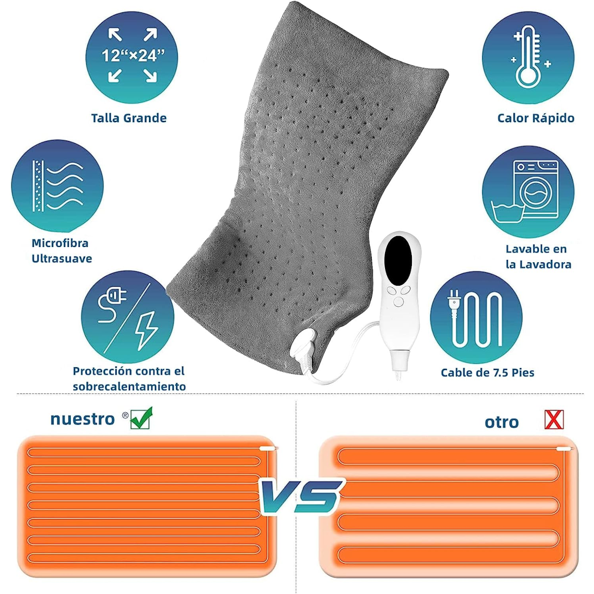 Compresa Caliente Eléctrica: Alivio Terapéutico para Dolores de Espalda, Hombro y Cuello - Tamaño 60 x 30 cm, Temperatura Ajustable