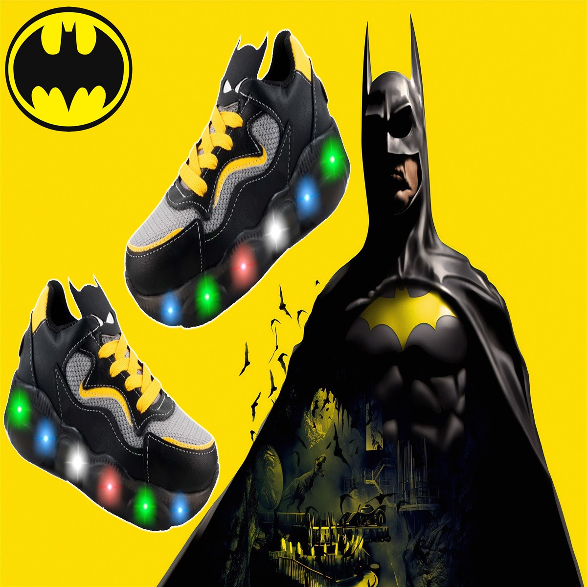 Tenis batman niño luces led superhéroe cómic 120-031 negro.
