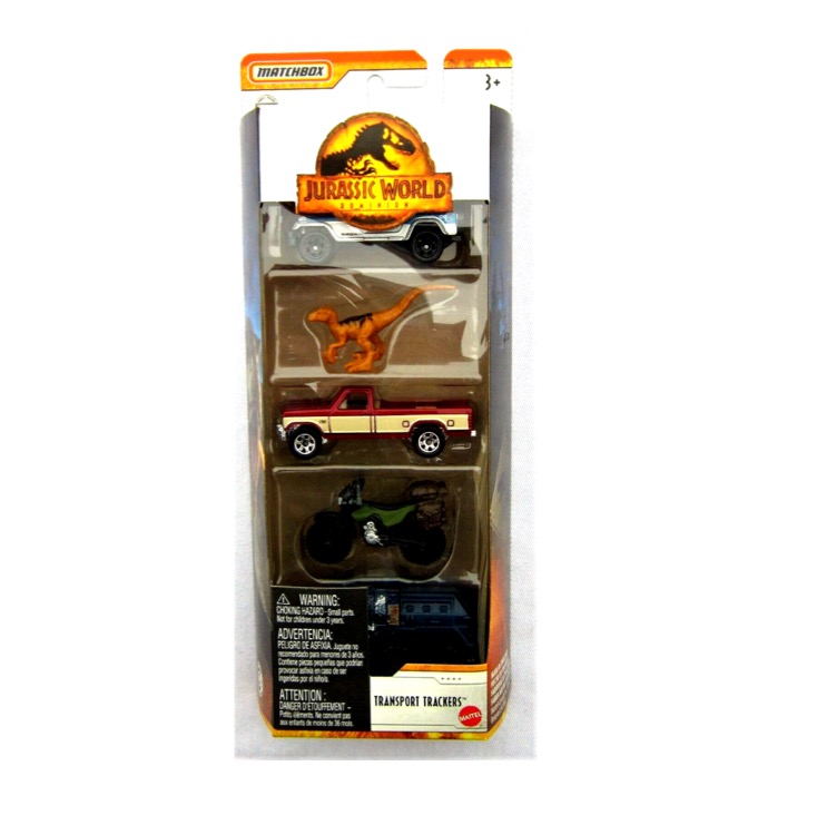 Matchbox Jurassic World Vehículo de Juguete Paquete de 4 vehículos y 1 Mini Dinosaurio